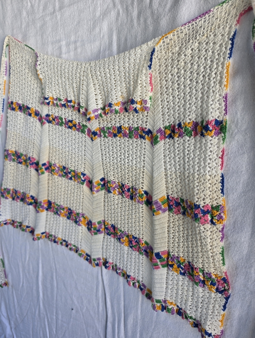 Vintage Crochet Apron White Colorful w/ Cream Highlight Handmade Cottagecore